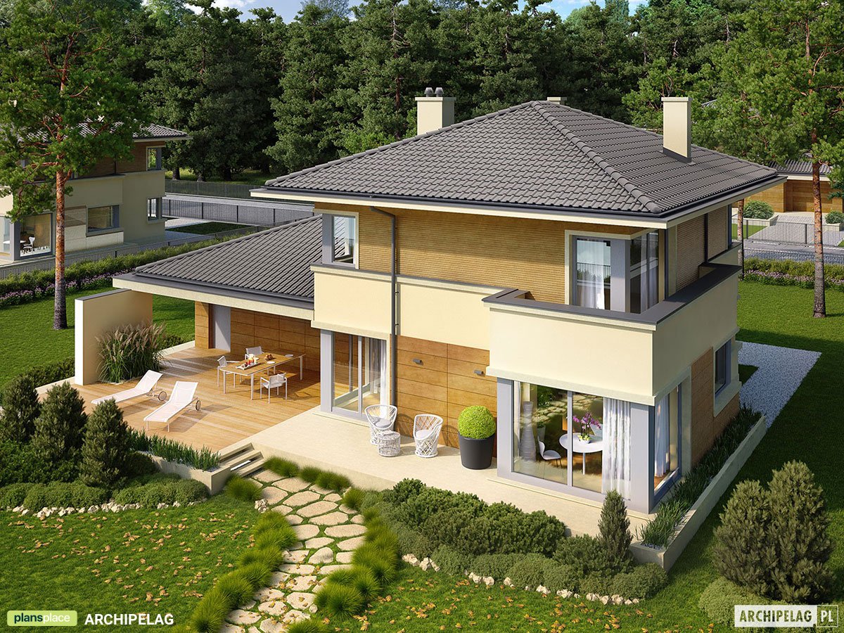 Dviejų aukštų namo projektas 175 m²: 3 Miegamieji, Darbo kambarys, 2 Vonios, Atvira virtuvė, Garažas