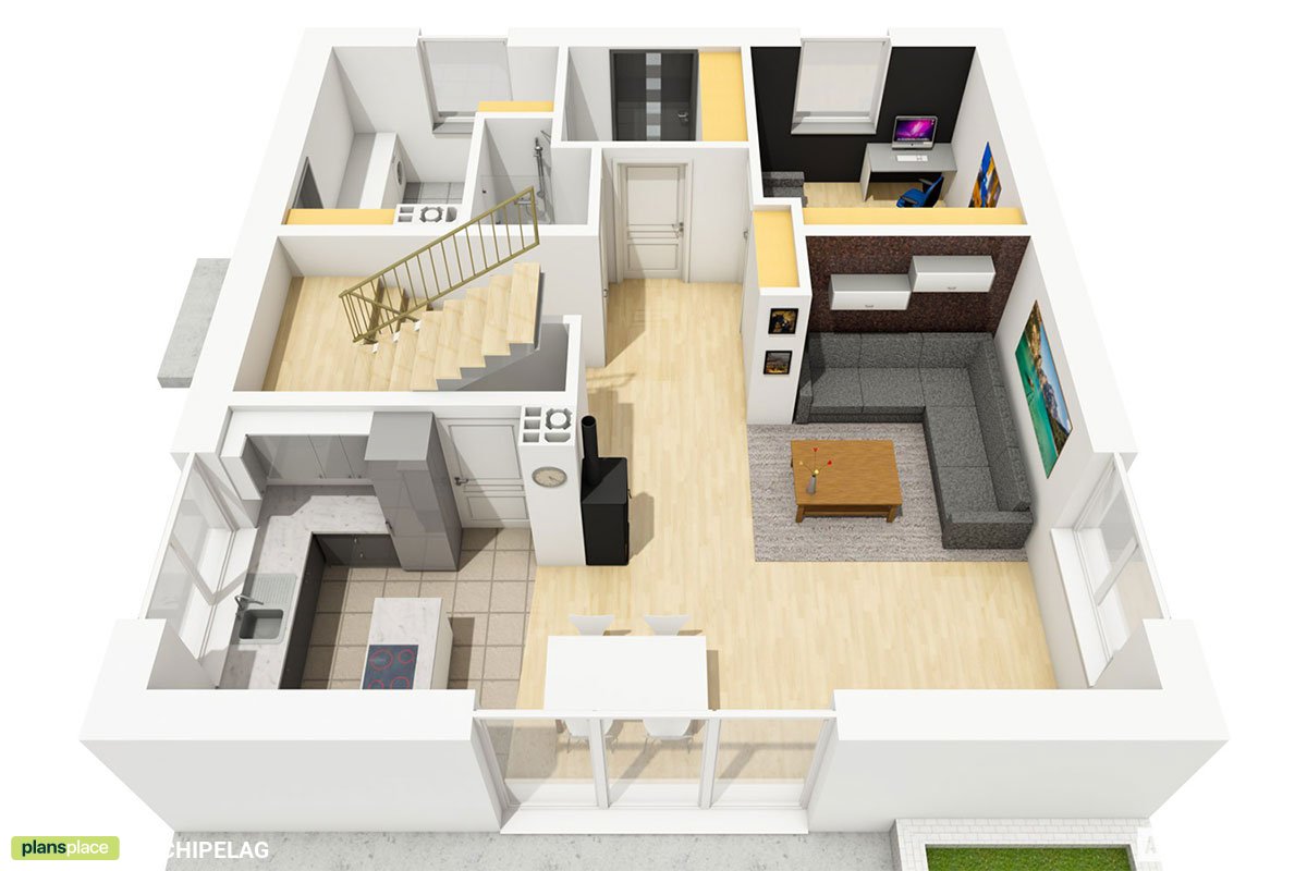 Namo projektas su mansarda 124 m²: 3 Miegamieji, Darbo kambarys, 2 Vonios, Atvira virtuvė, be Garažo