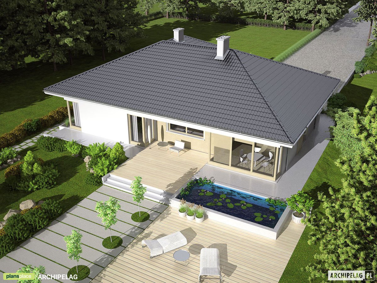 Vieno aukšto namo projektas 160 m²: 3 Miegamieji, 2 Vonios, Garažas