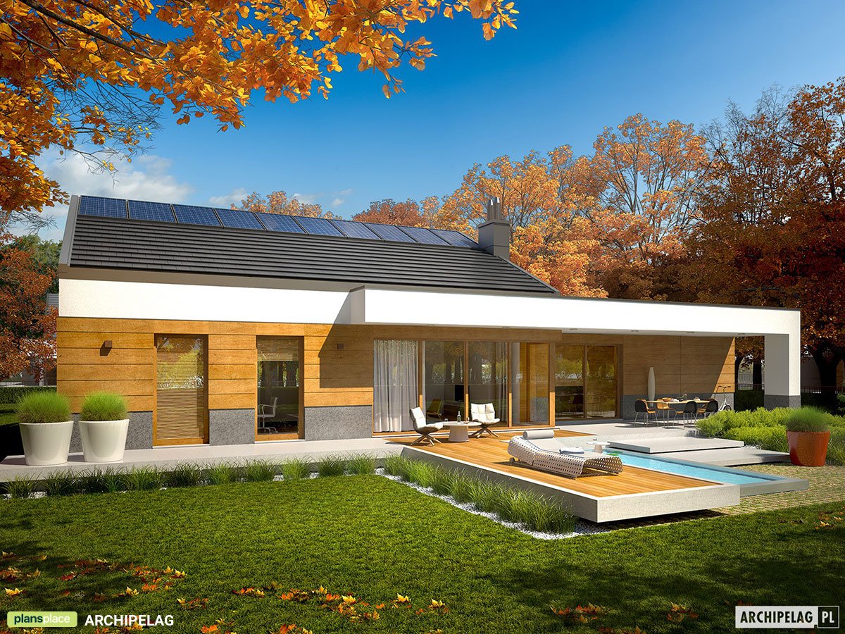 Vieno aukšto namo projektas 183 m²: 3 Miegamieji, Darbo kambarys, 3 Vonios, Garažas