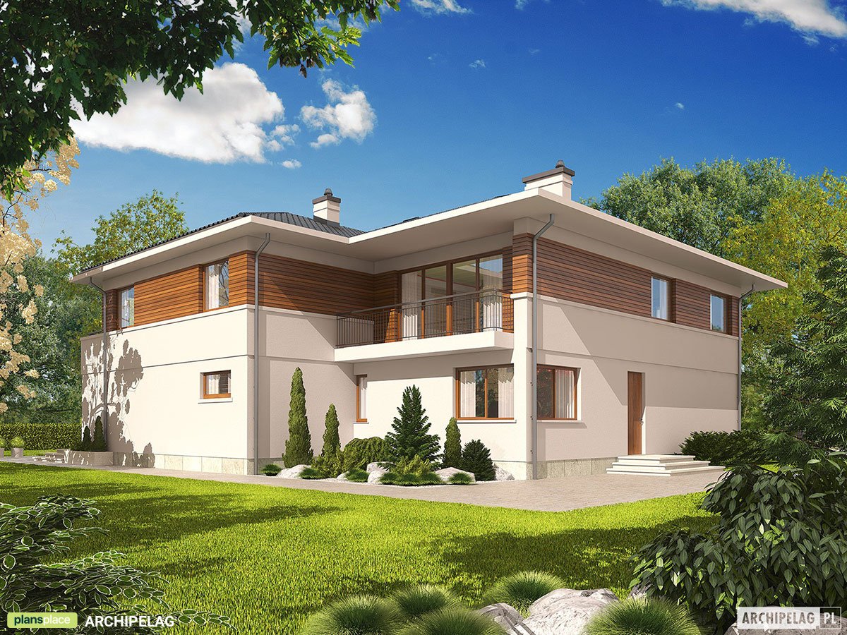 Dviejų aukštų namo projektas + rūsiu 368 m²: 4 Miegamieji, Darbo kambarys, 4 Vonios, Atvira virtuvė, Garažas