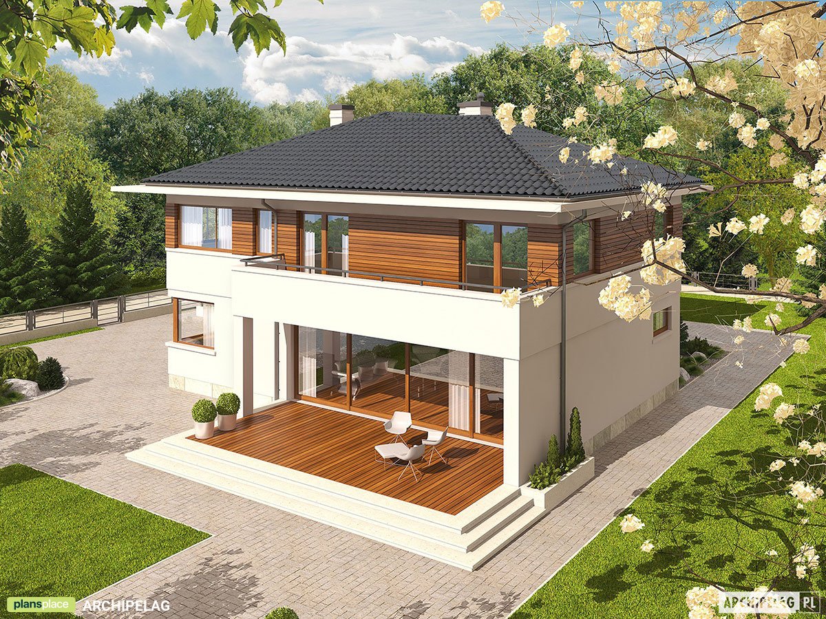 Dviejų aukštų namo projektas + rūsiu 368 m²: 4 Miegamieji, Darbo kambarys, 4 Vonios, Atvira virtuvė, Garažas