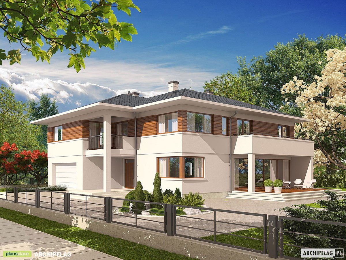 Dviejų aukštų namo projektas + rūsiu 368 m²: 4 Miegamieji, Darbo kambarys, 4 Vonios, Atvira virtuvė, Garažas