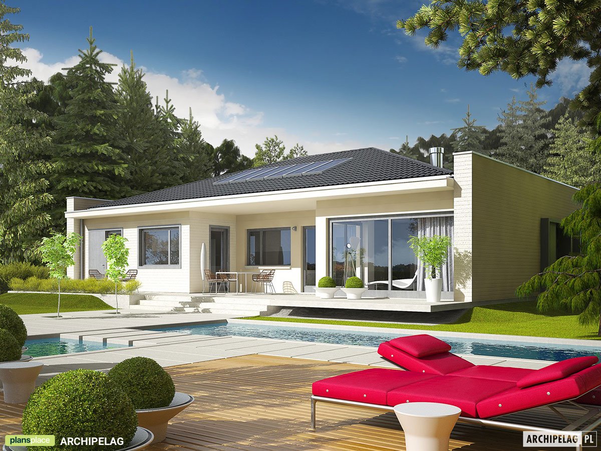 Vieno aukšto namo projektas 154 m²: 3 Miegamieji, Darbo kambarys, 2 Vonios, Atvira virtuvė, Garažas