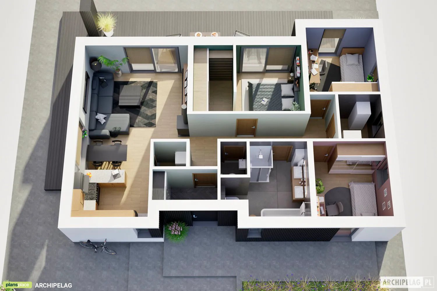 Vieno aukšto namo projektas 94 m²: 3 Miegamieji, 2 Vonios, Atvira virtuvė, be Garažo