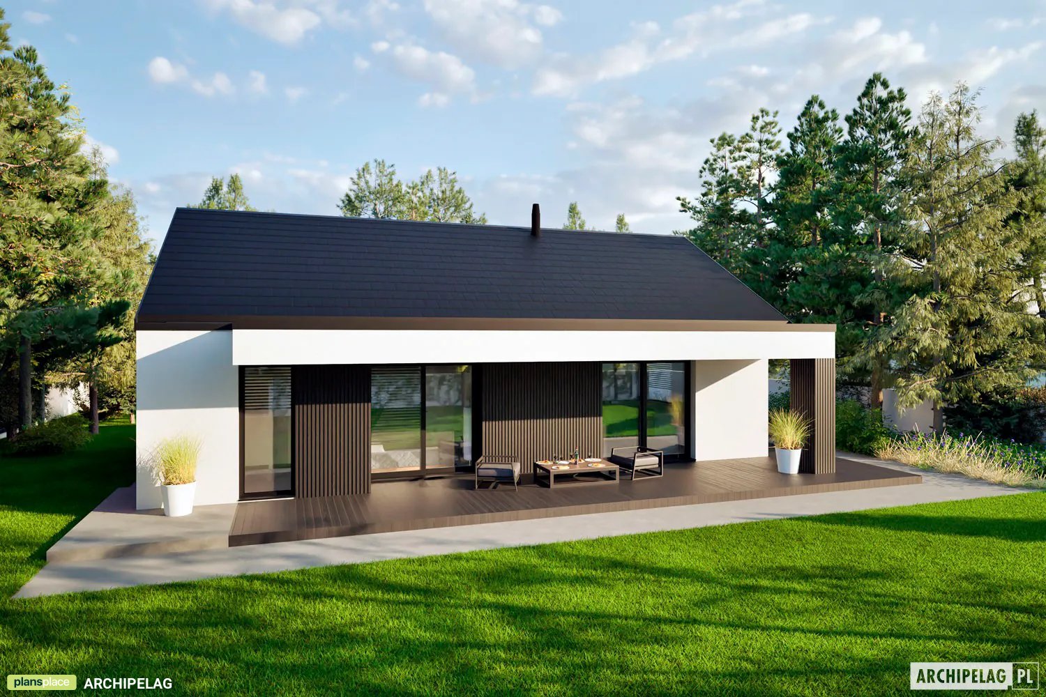 Vieno aukšto namo projektas 94 m²: 3 Miegamieji, 2 Vonios, Atvira virtuvė, be Garažo