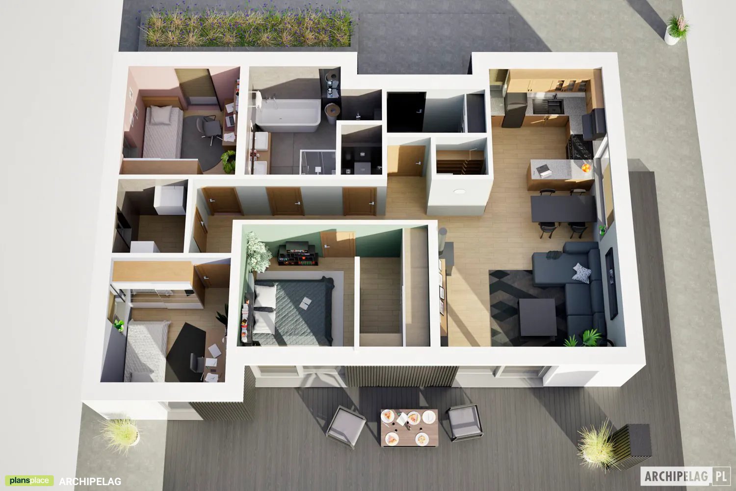 Vieno aukšto namo projektas 94 m²: 3 Miegamieji, 2 Vonios, Atvira virtuvė, be Garažo