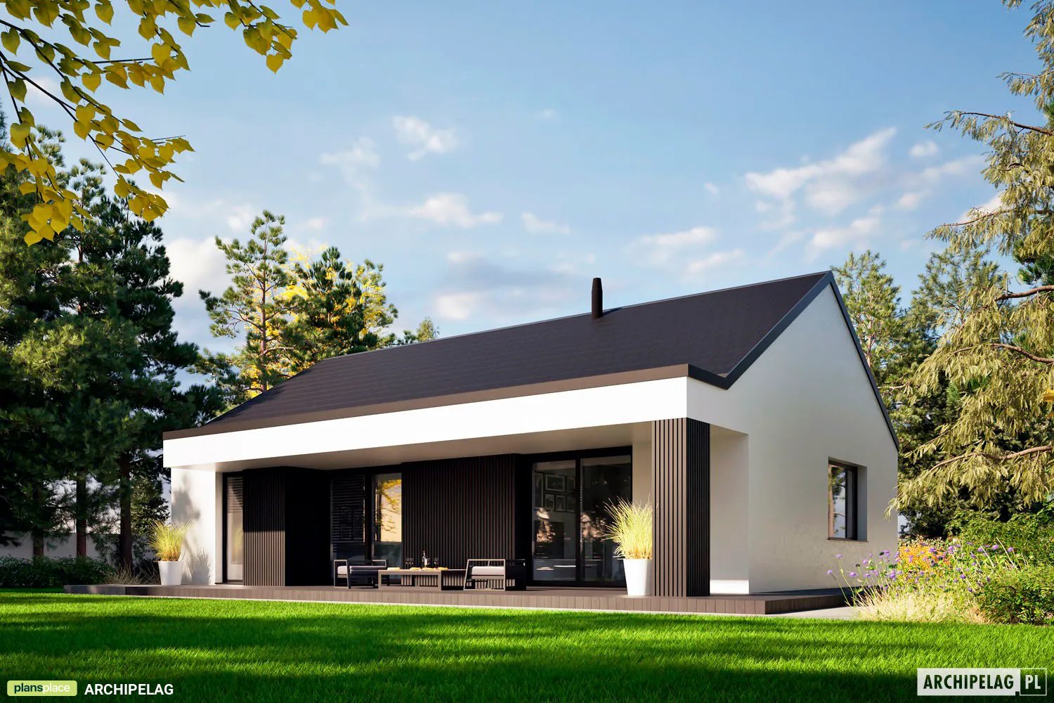 Vieno aukšto namo projektas 94 m²: 3 Miegamieji, 2 Vonios, Atvira virtuvė, be Garažo