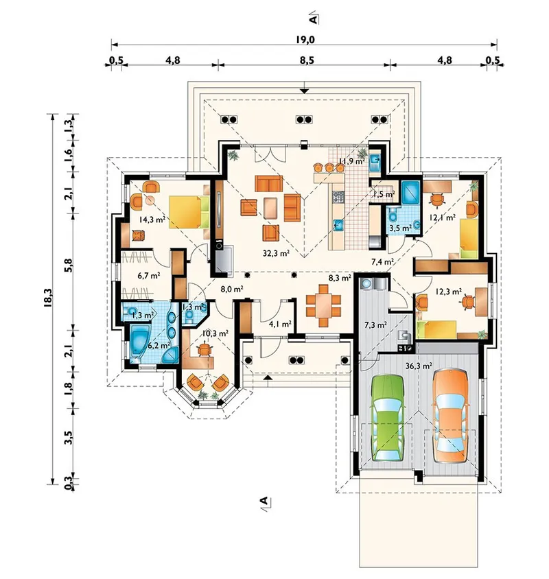 Pirmas Aukštas 1 – Vieno aukšto namo projektas 185 m², 3 Miegamieji — 66640R