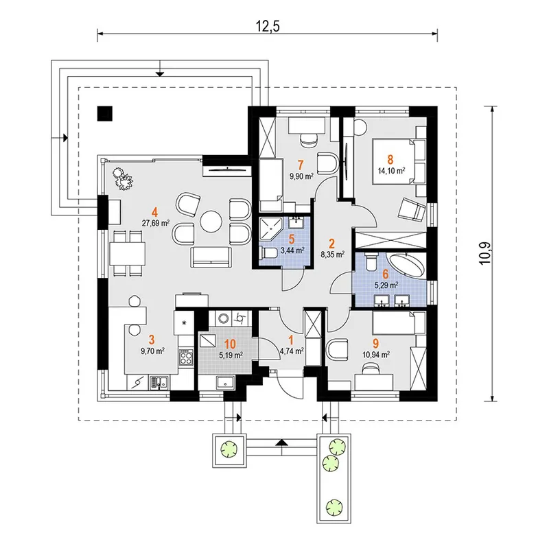 Pirmas Aukštas 1 – Vieno aukšto namo projektas 99 m², 3 Miegamieji — 65680R