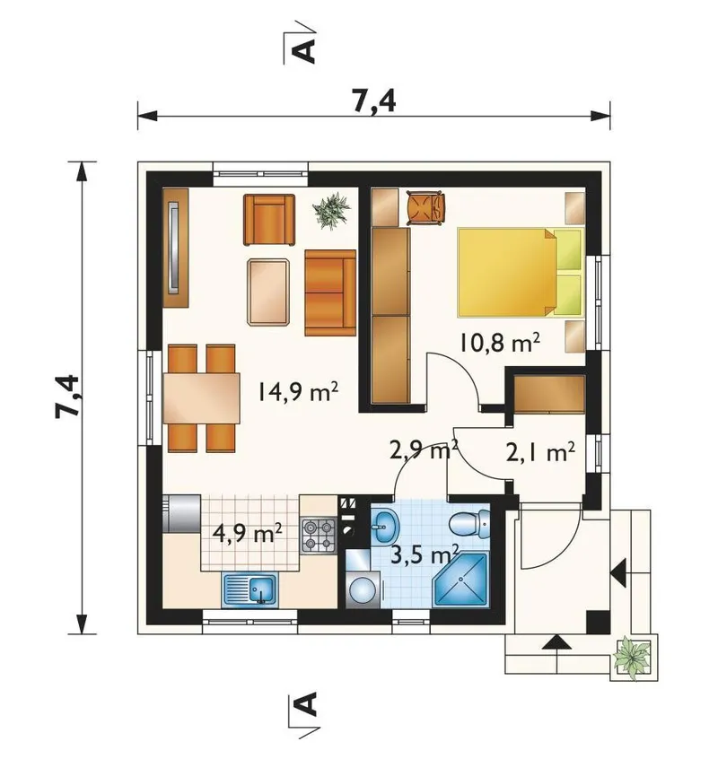 Pirmas Aukštas 1 – Vieno aukšto namo projektas 39 m², 1 Miegamieji — 50952R