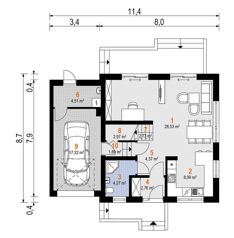 Pirmas Aukštas 1 – Dviejų aukštų namo projektas 129 m², 3 Miegamieji — 30855R