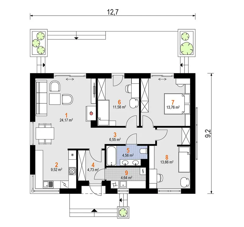 Pirmas Aukštas 1 – Vieno aukšto namo projektas 93 m², 3 Miegamieji — 34775R