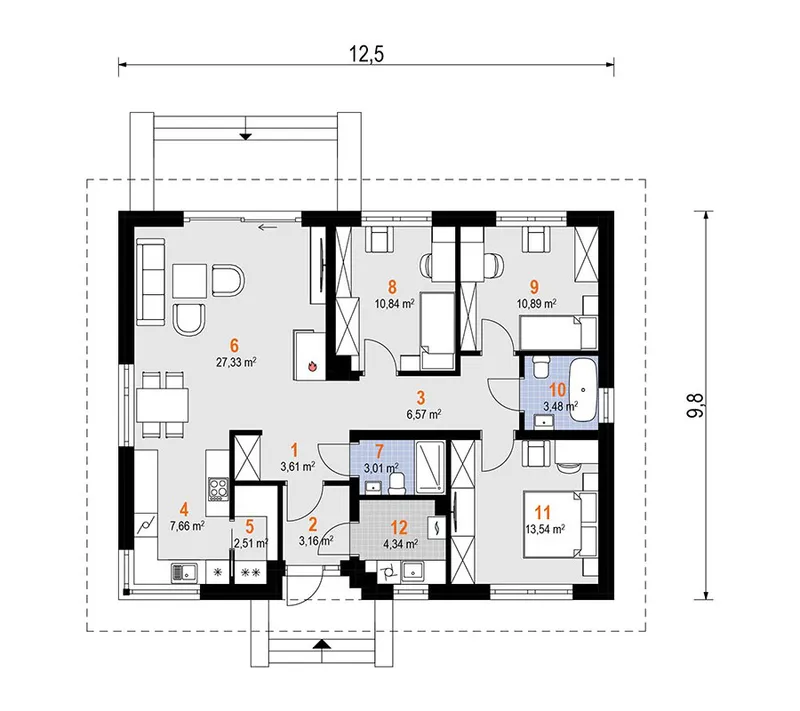 Pirmas Aukštas 1 – Vieno aukšto namo projektas 97 m², 3 Miegamieji — 42190R