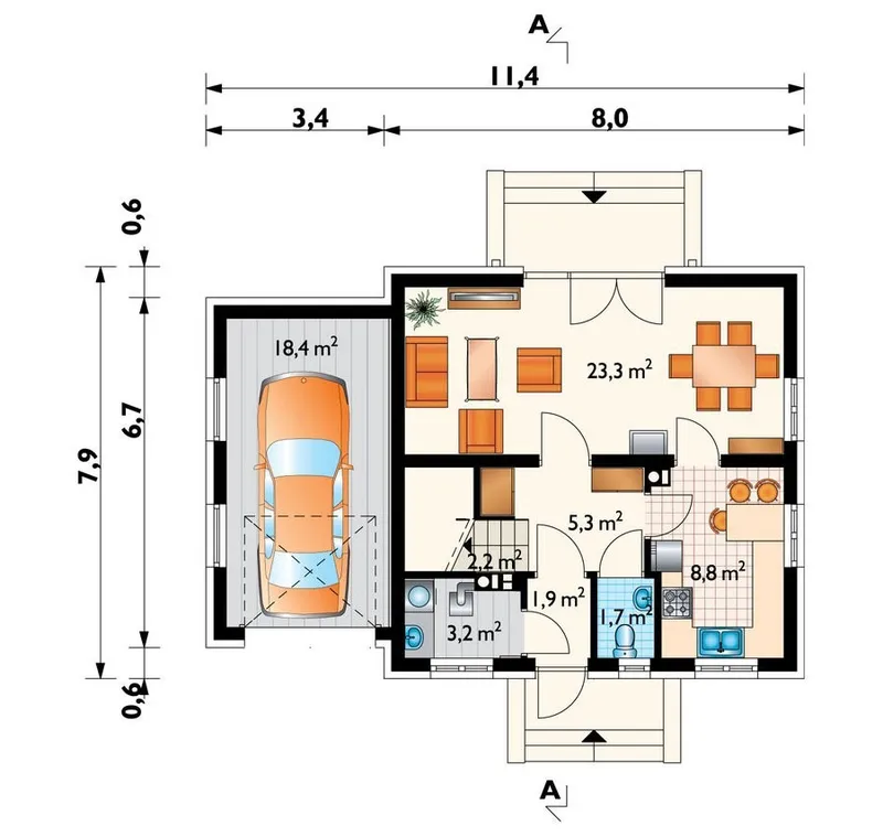 Pirmas Aukštas 1 – Namo projektas su mansarda 112 m², 3 Miegamieji — 95929R