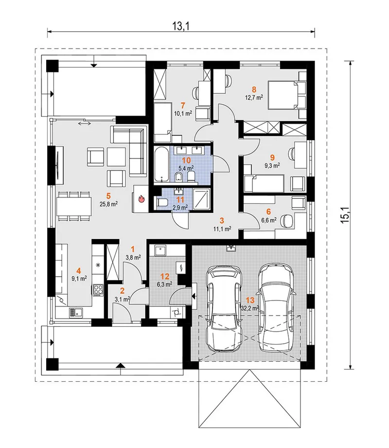 Pirmas Aukštas 1 – Vieno aukšto namo projektas 138 m², 3 Miegamieji — 46795R