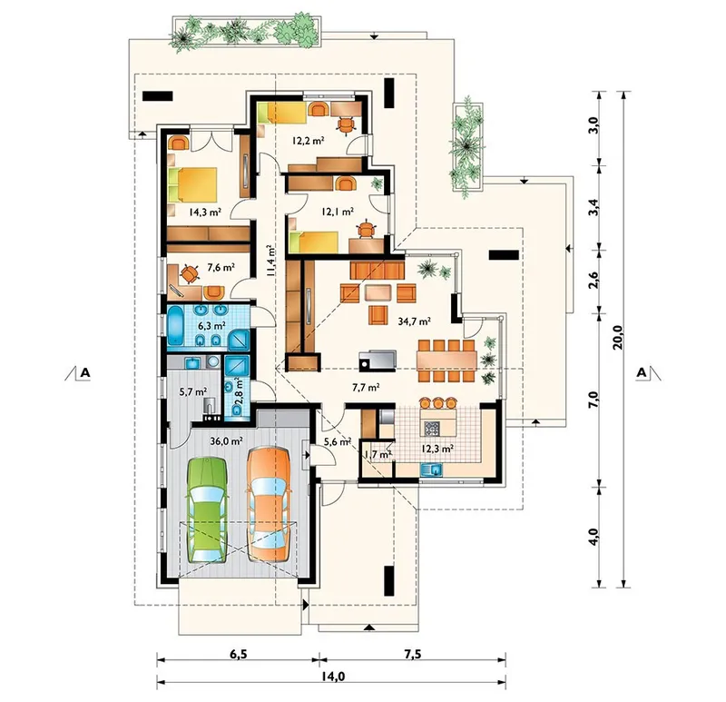 Pirmas Aukštas 1 – Vieno aukšto namo projektas 170 m², 3 Miegamieji — 67790R