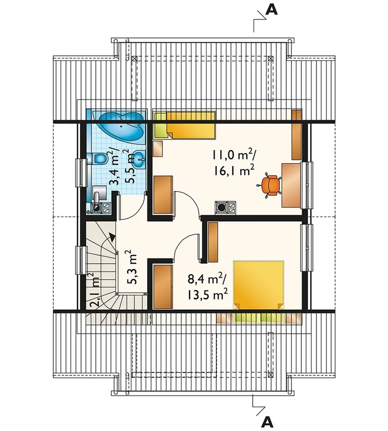 Antras Aukštas 1 – Namo projektas su mansarda 89 m², 2 Miegamieji — 41437R