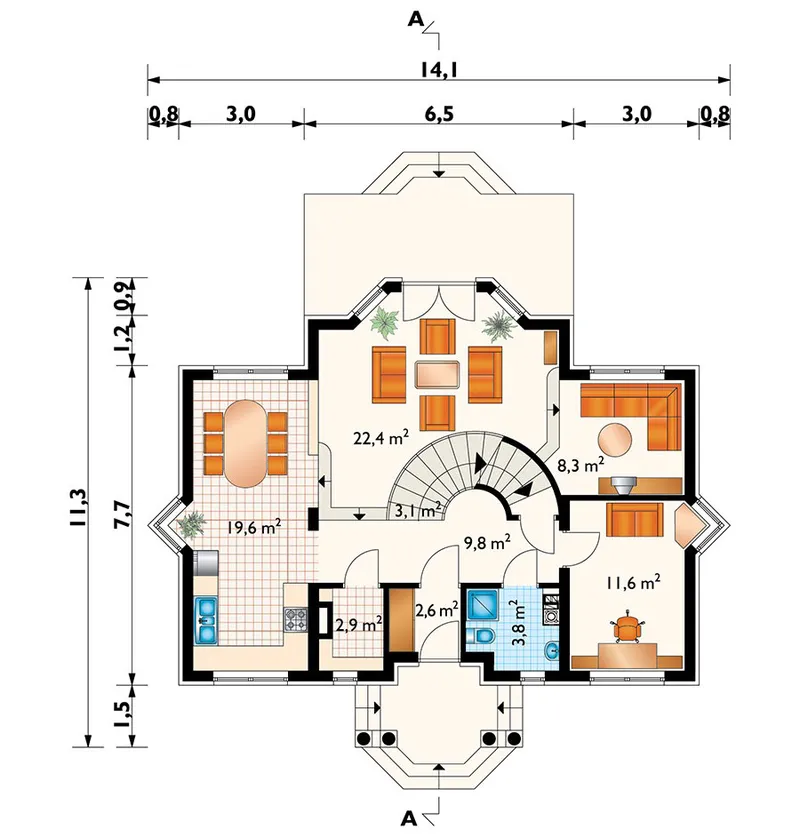Pirmas Aukštas 1 – Namo projektas su mansarda 215 m², 3 Miegamieji — 66468R