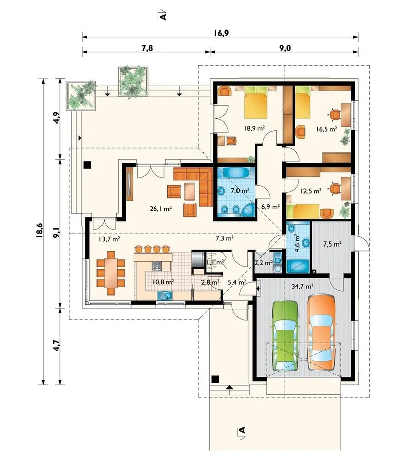 Pirmas Aukštas 1 – Vieno aukšto namo projektas 177 m², 3 Miegamieji — 84828R