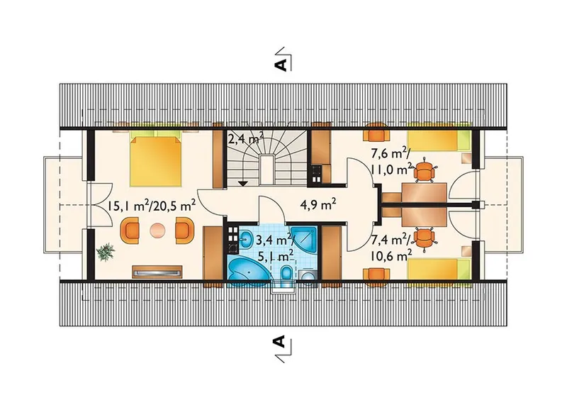 Antras Aukštas 1 – Namo projektas su mansarda 111 m², 4 Miegamieji — 41450R