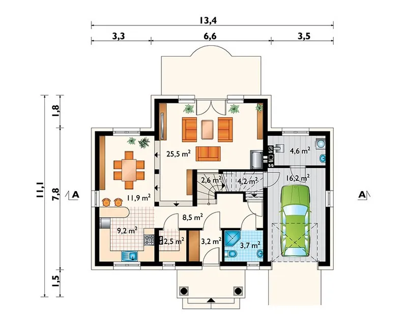 Pirmas Aukštas 1 – Namo projektas su mansarda 185 m², 3 Miegamieji — 77531R