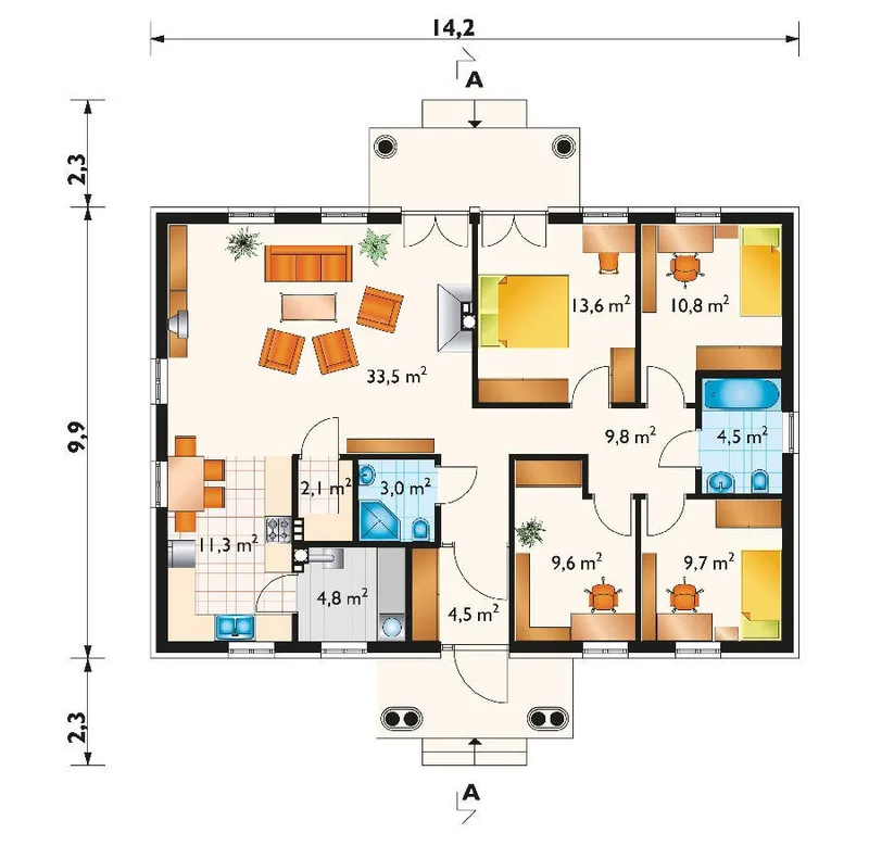 Pirmas Aukštas 1 – Vieno aukšto namo projektas 117 m², 3 Miegamieji — 97698R