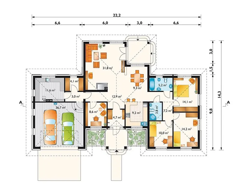 Pirmas Aukštas 1 – Vieno aukšto namo projektas 185 m², 3 Miegamieji — 69062R