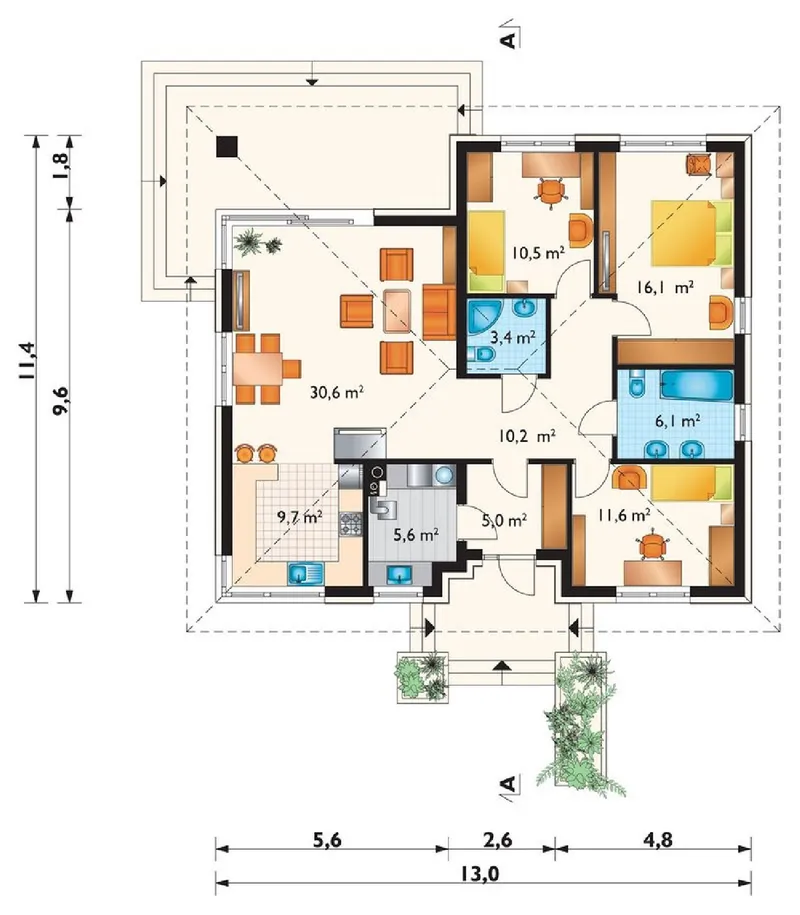 Pirmas Aukštas 1 – Vieno aukšto namo projektas 109 m², 3 Miegamieji — 58163R