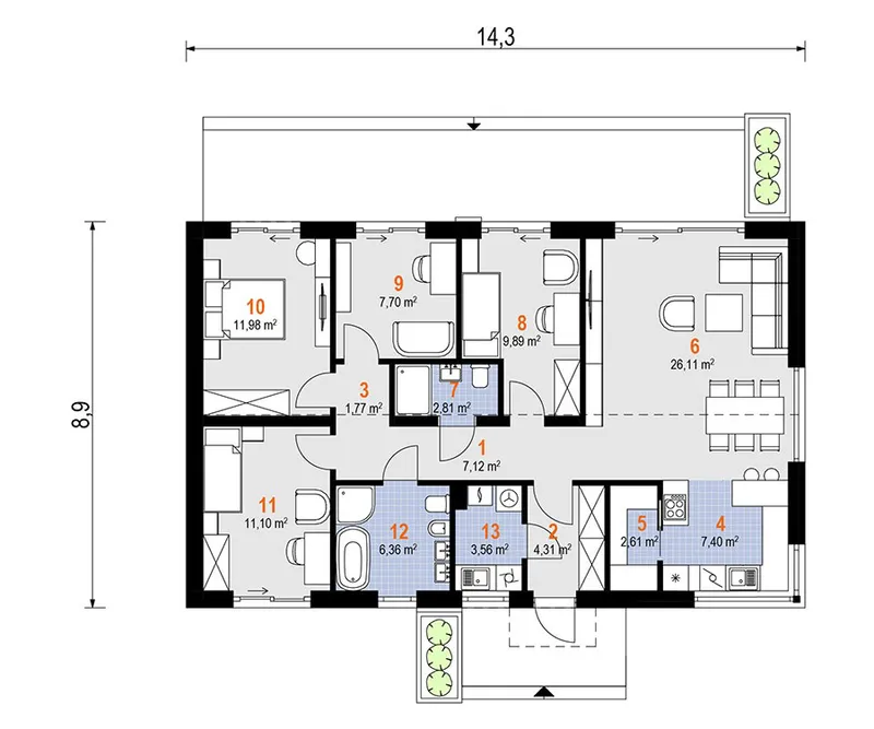 Pirmas Aukštas 1 – Vieno aukšto namo projektas 103 m², 3 Miegamieji — 35041R