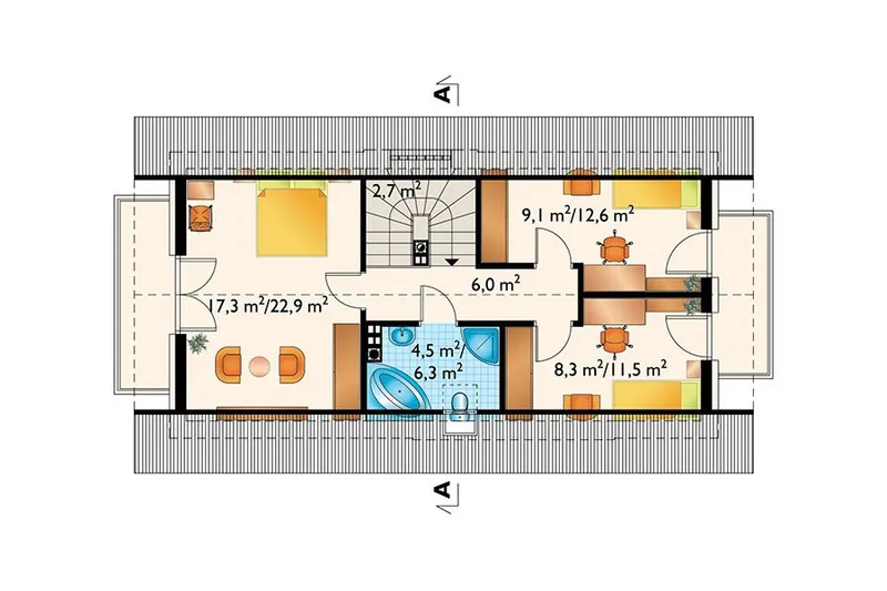 Antras Aukštas 1 – Namo projektas su mansarda 129 m², 4 Miegamieji — 74308R