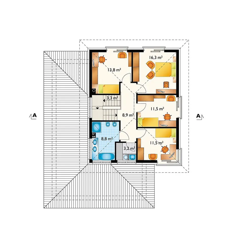 Antras Aukštas 1 – Dviejų aukštų namo projektas 199 m², 4 Miegamieji — 91470R