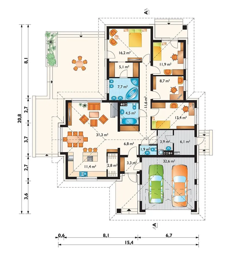 Pirmas Aukštas 1 – Vieno aukšto namo projektas 179 m², 3 Miegamieji — 32204R