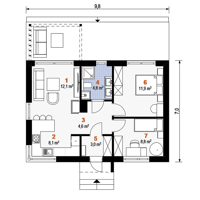 Pirmas Aukštas 1 – Namo projektas su mansarda 53 m², 2 Miegamieji — 92069R