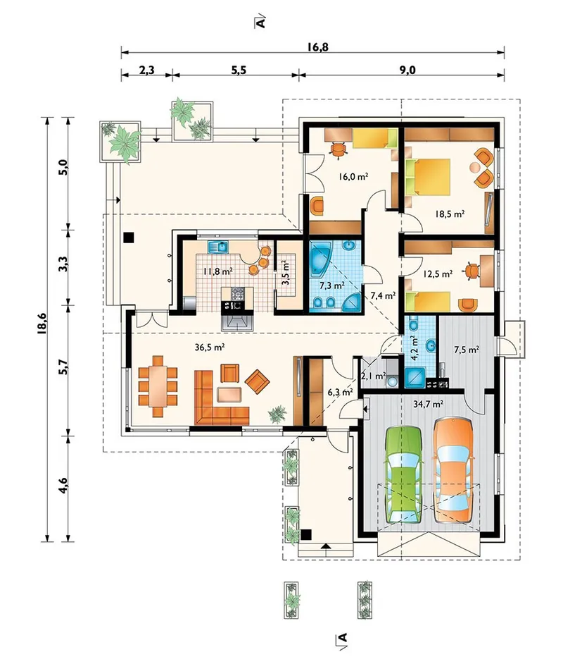 Pirmas Aukštas 1 – Vieno aukšto namo projektas 176 m², 3 Miegamieji — 93604R
