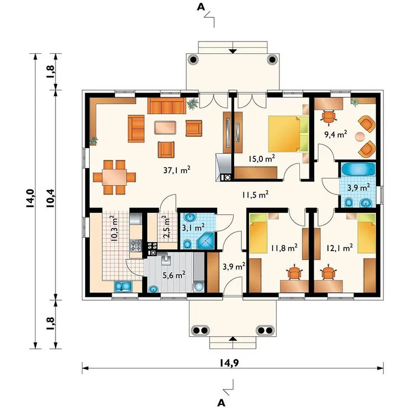 Pirmas Aukštas 1 – Vieno aukšto namo projektas 126 m², 3 Miegamieji — 70213R