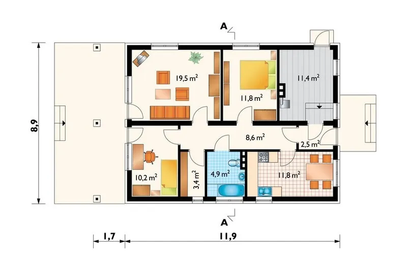 Pirmas Aukštas 1 – Vieno aukšto namo projektas 84 m², 2 Miegamieji — 29343R