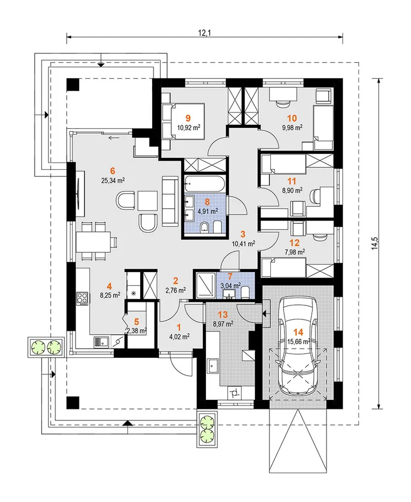 Pirmas Aukštas 1 – Vieno aukšto namo projektas 124 m², 4 Miegamieji — 93585R