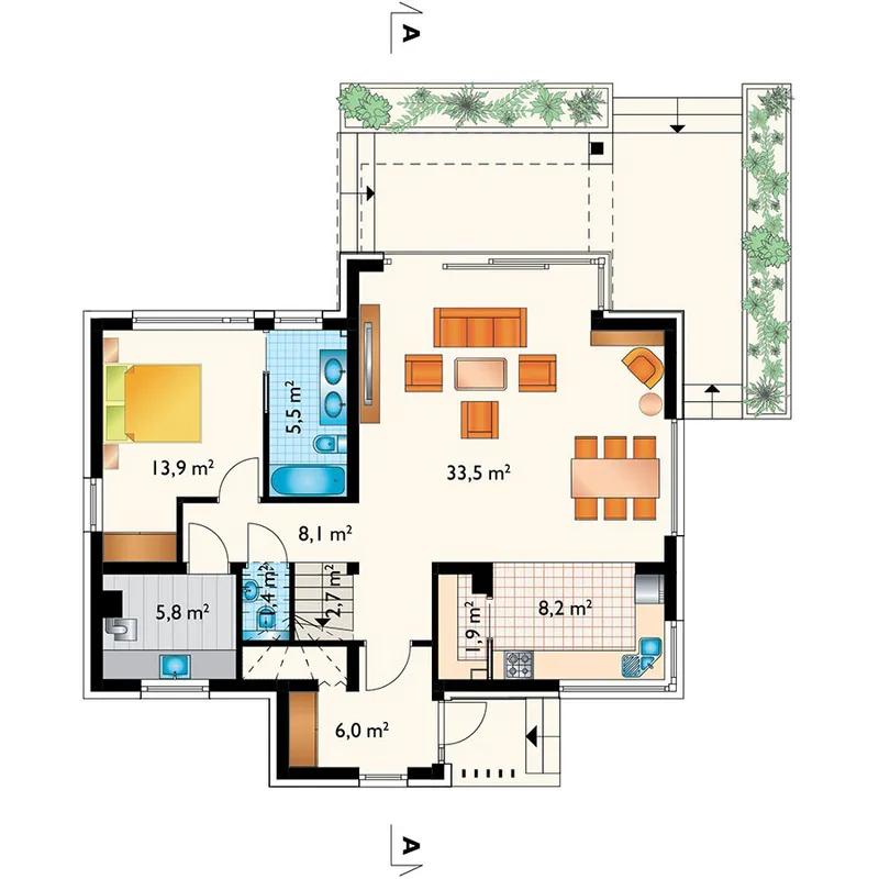 Pirmas Aukštas 1 – Namo projektas su mansarda 160 m², 4 Miegamieji — 68905R