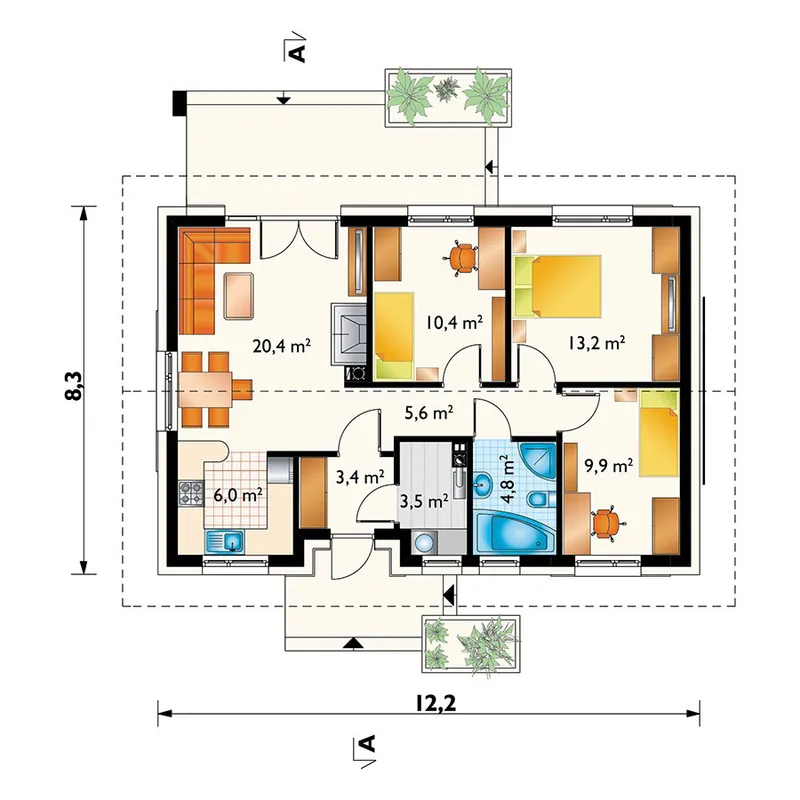 Pirmas Aukštas 1 – Vieno aukšto namo projektas 77 m², 3 Miegamieji — 13834R