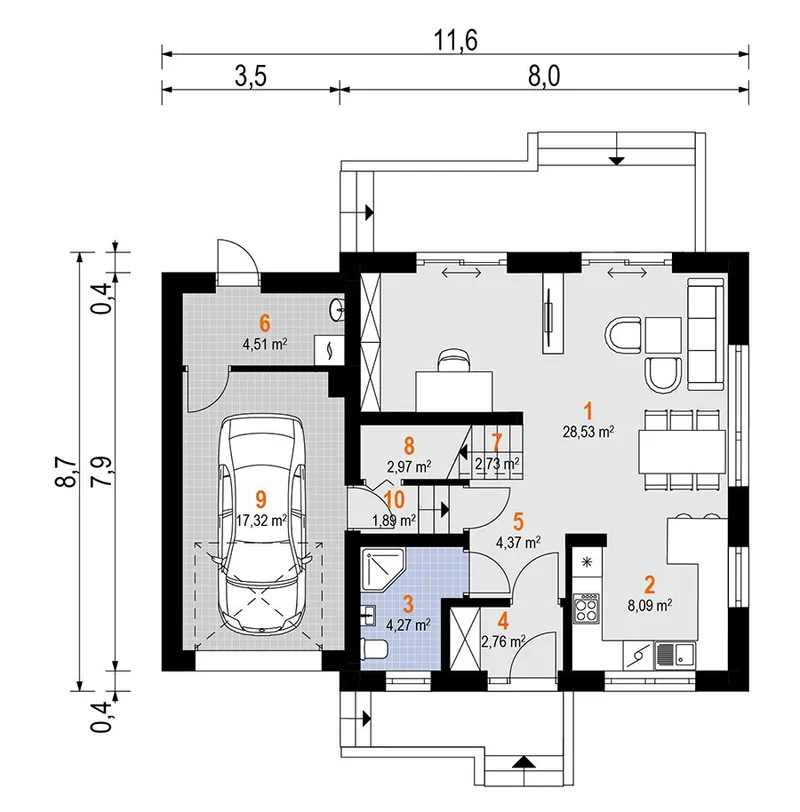 Pirmas Aukštas 1 – Dviejų aukštų namo projektas 129 m², 3 Miegamieji — 46967R