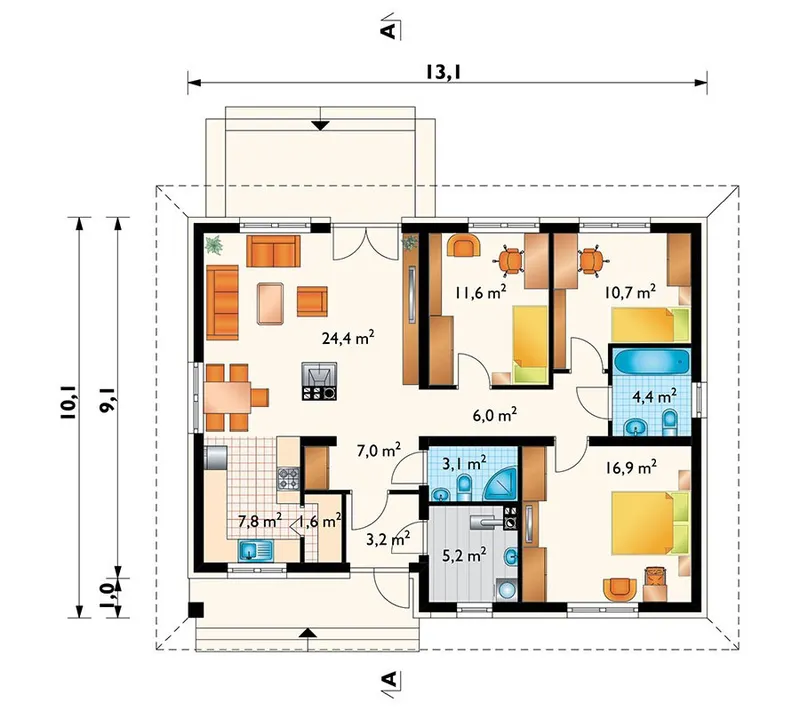Pirmas Aukštas 1 – Vieno aukšto namo projektas 102 m², 3 Miegamieji — 53080R