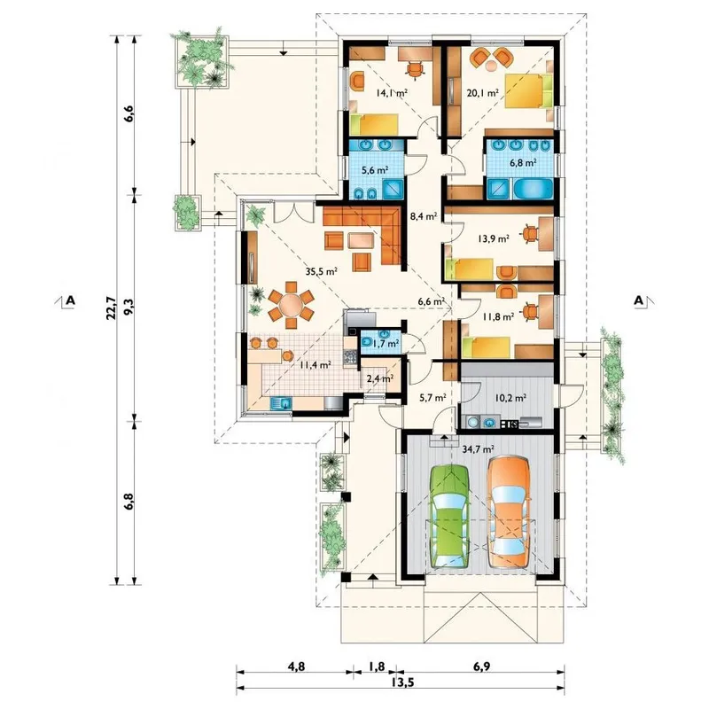Pirmas Aukštas 1 – Vieno aukšto namo projektas 190 m², 4 Miegamieji — 69187R
