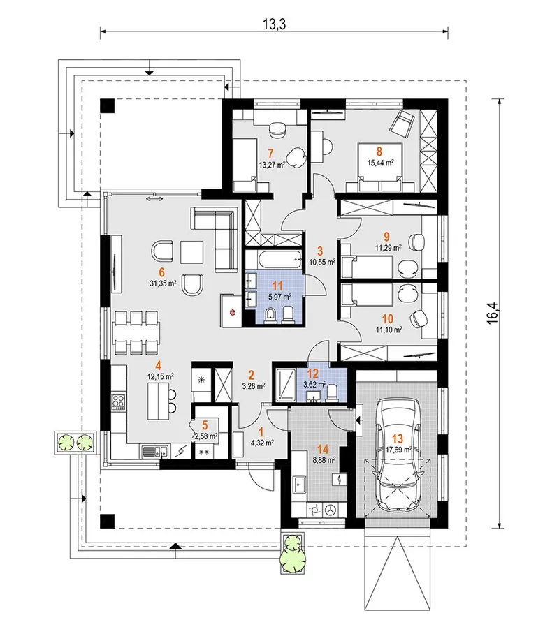 Pirmas Aukštas 1 – Vieno aukšto namo projektas 152 m², 4 Miegamieji — 45311R