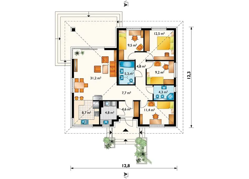 Pirmas Aukštas 1 – Vieno aukšto namo projektas 114 m², 4 Miegamieji — 80233R
