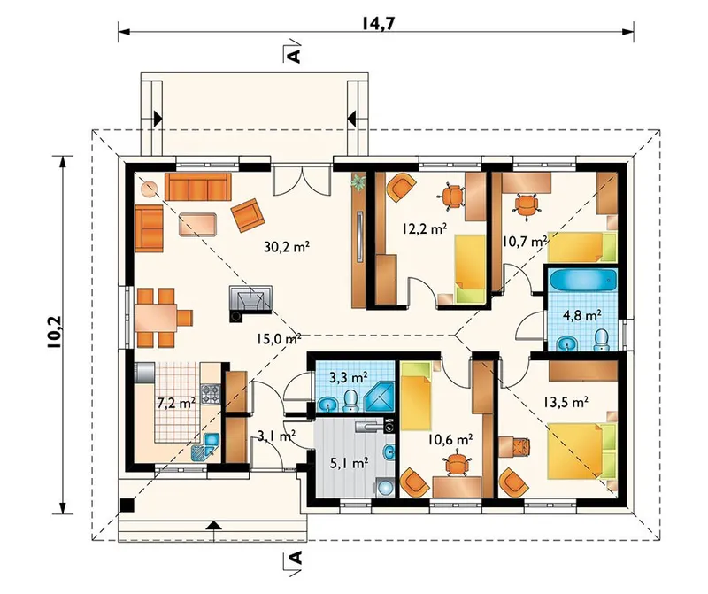 Pirmas Aukštas 1 – Vieno aukšto namo projektas 116 m², 4 Miegamieji — 51389R