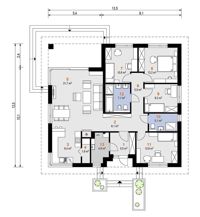 Pirmas Aukštas 1 – Vieno aukšto namo projektas 125 m², 4 Miegamieji — 28241R