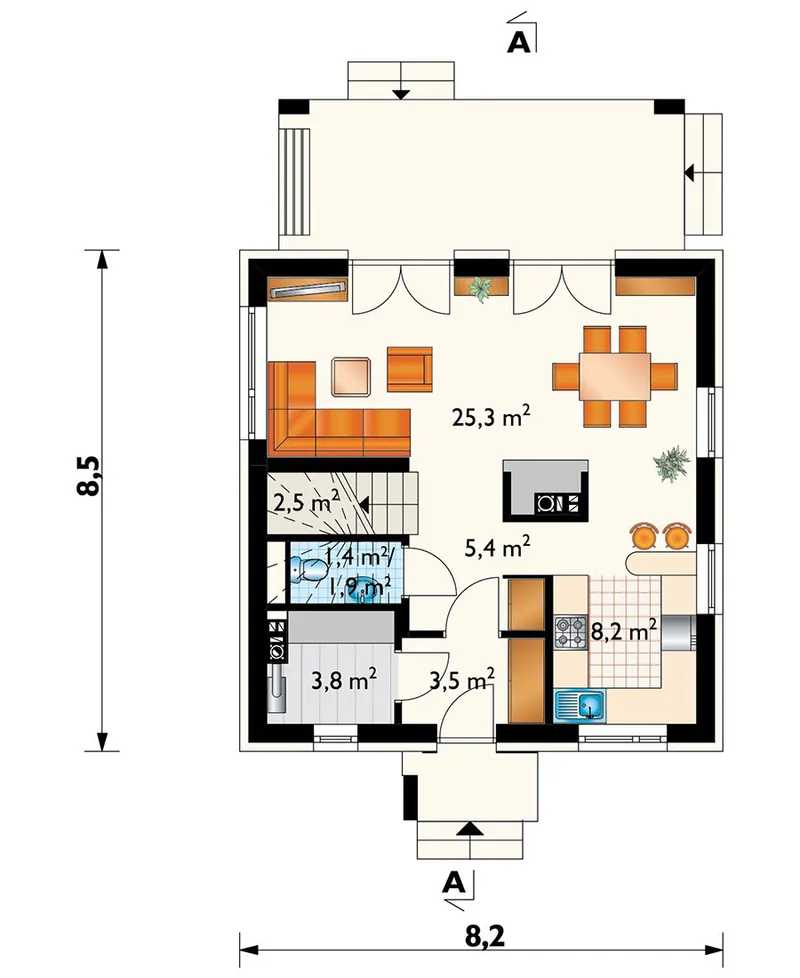 Pirmas Aukštas 1 – Namo projektas su mansarda 100 m², 3 Miegamieji — 55387R