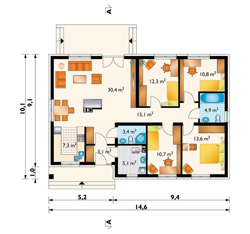 Pirmas Aukštas 1 – Vieno aukšto namo projektas 117 m², 4 Miegamieji — 29027R