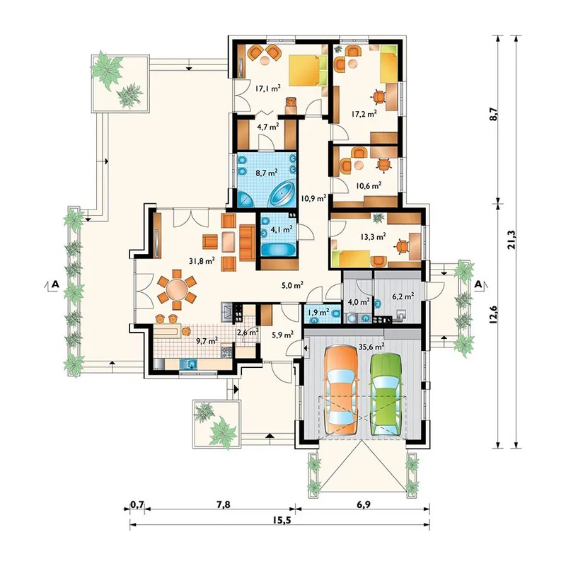 Pirmas Aukštas 1 – Vieno aukšto namo projektas 193 m², 3 Miegamieji — 34158R